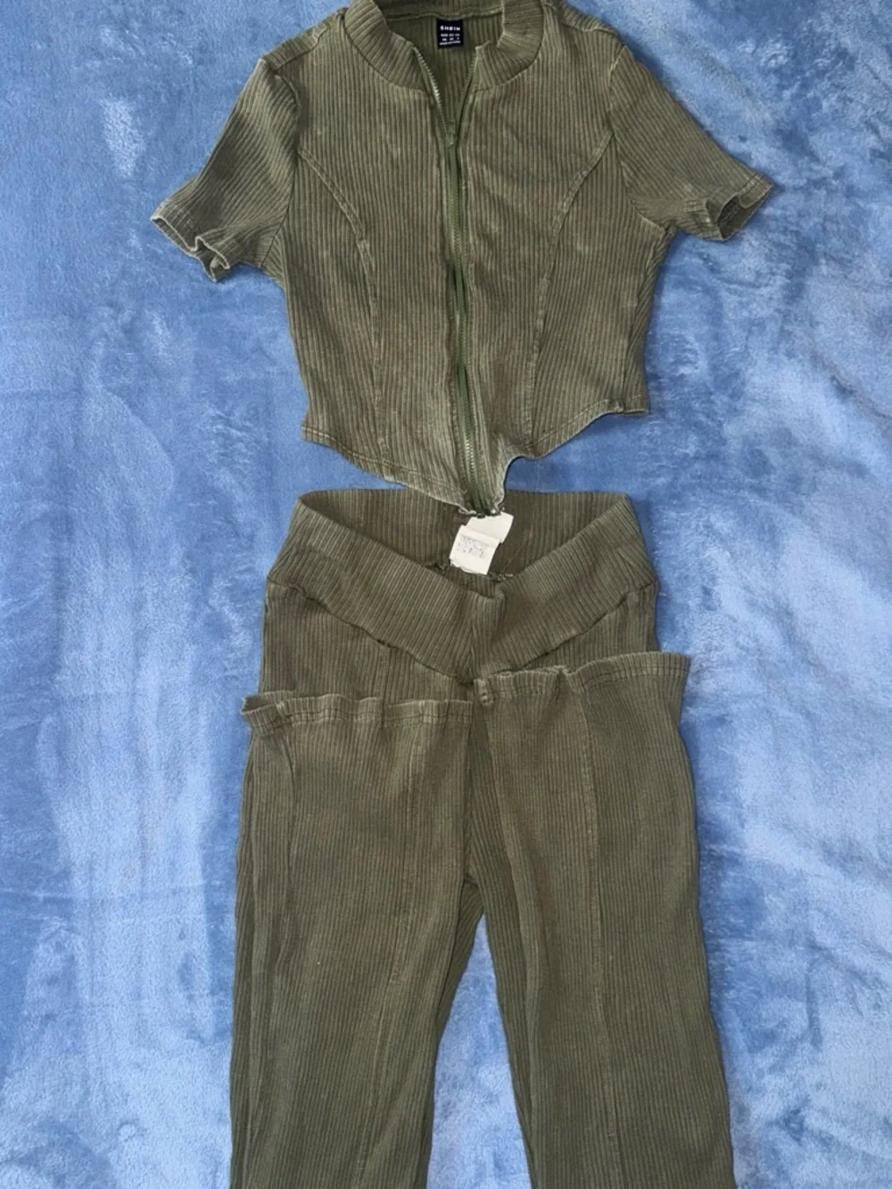 Olive Ribbed Zip-Front Crop Top & High-Waist Pants Set